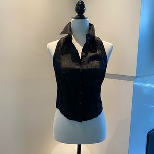Black satin sleeveless button up